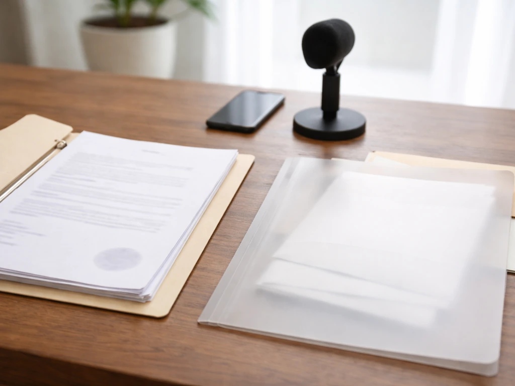 Minimal office desk with a folder and microphone, suggesting verified records versus unseen speculation