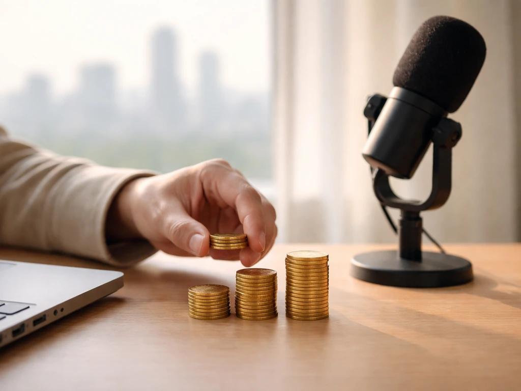 Hands and gold coins arranged upward near a studio microphone and laptop, symbolizing rising success.