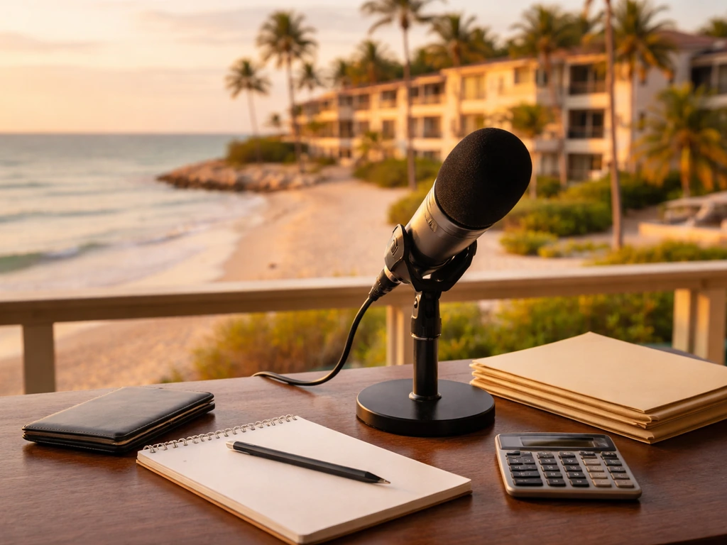 Minimal media-themed scene with a microphone and blurred luxury coastal backdrop suggesting celebrity finance analysis.