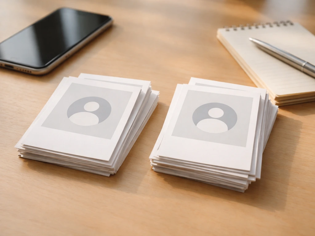 Minimal desk scene with multiple anonymous profile cards/icons laid out to suggest disambiguating a name