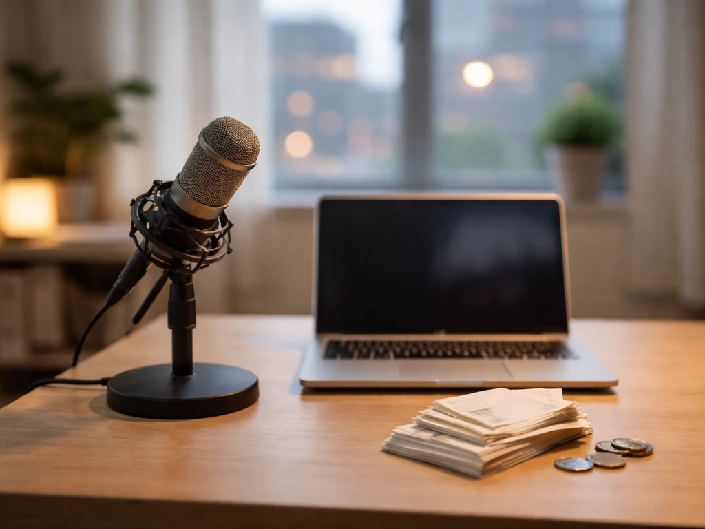 Minimal office scene with a microphone and scattered cash-like receipts symbolizing media income streams