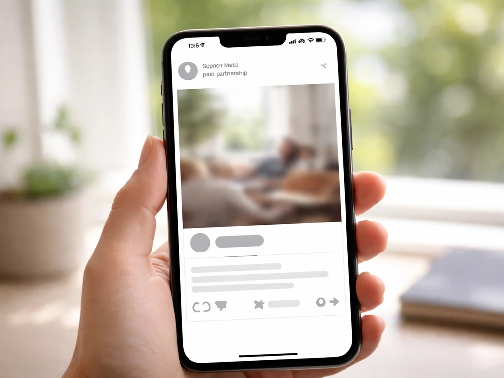 Hand holding a smartphone showing a generic sponsored social media post layout with no readable text.