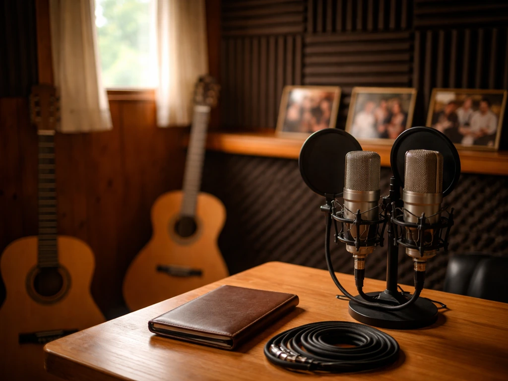 Warm recording studio scene with microphones, guitar, and blurred album photos suggesting music family heritage.