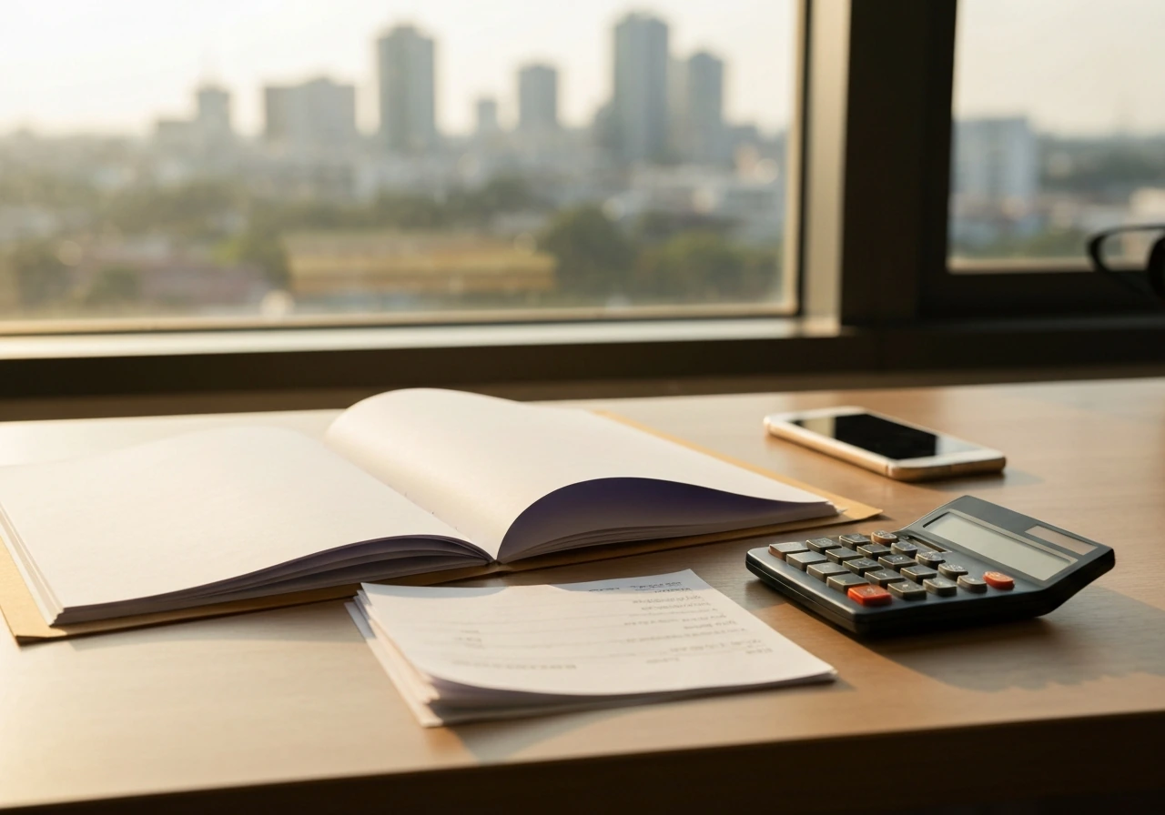 Minimal photo of an office desk with scattered documents and a calculator next to a blurred city skyline.