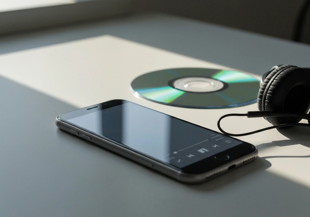Close-up of anonymous music streaming and release assets on a studio desk with blurred, unreadable screens.