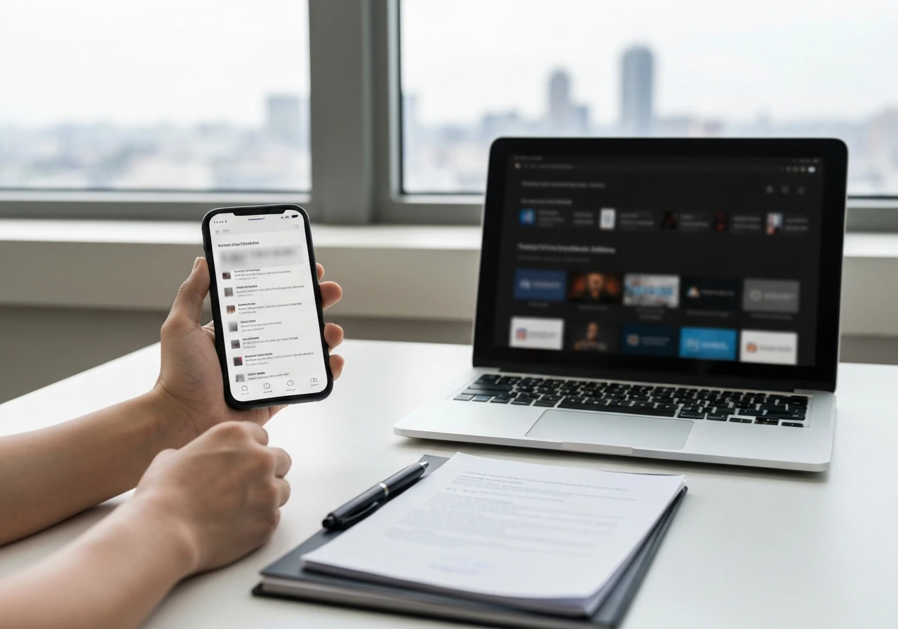 Hands compare blurred phone and laptop pages on a desk, symbolizing verification of conflicting online claims.