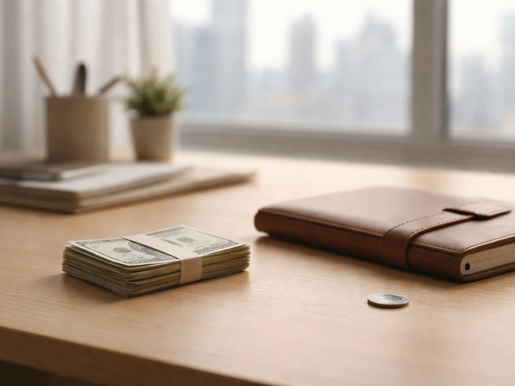 Minimal desk scene with cash and a notebook, symbolizing a realistic net-worth range without showing any person.