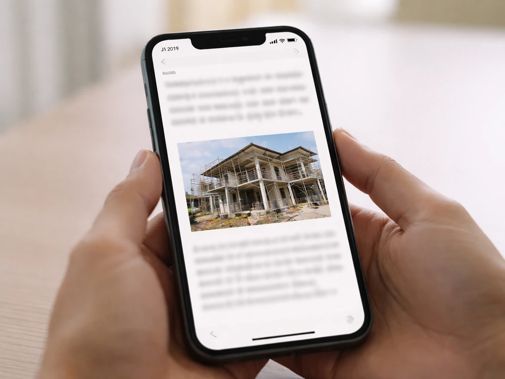 Minimal photo of a smartphone screen showing a blurred 2019 entertainment article about a Philippine dream home construc