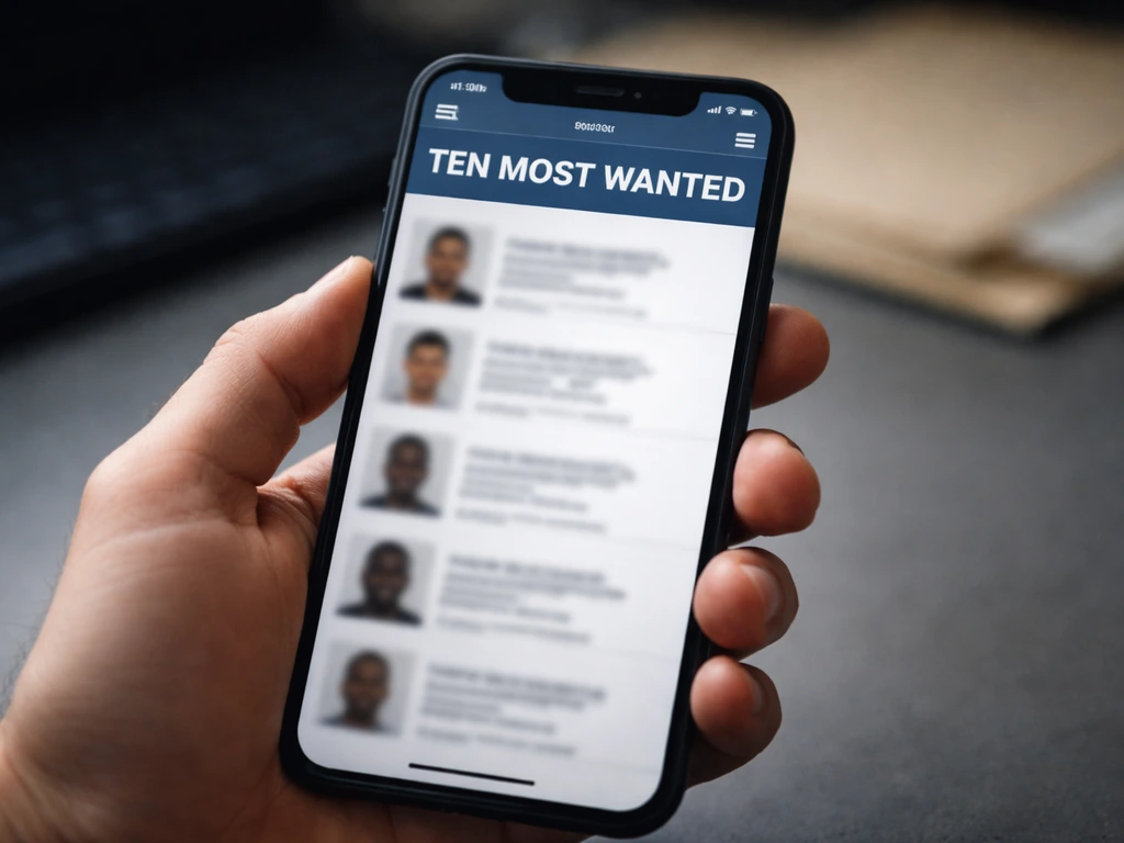 Hand holding a smartphone showing an FBI Ten Most Wanted-style web page, name field visible but not readable