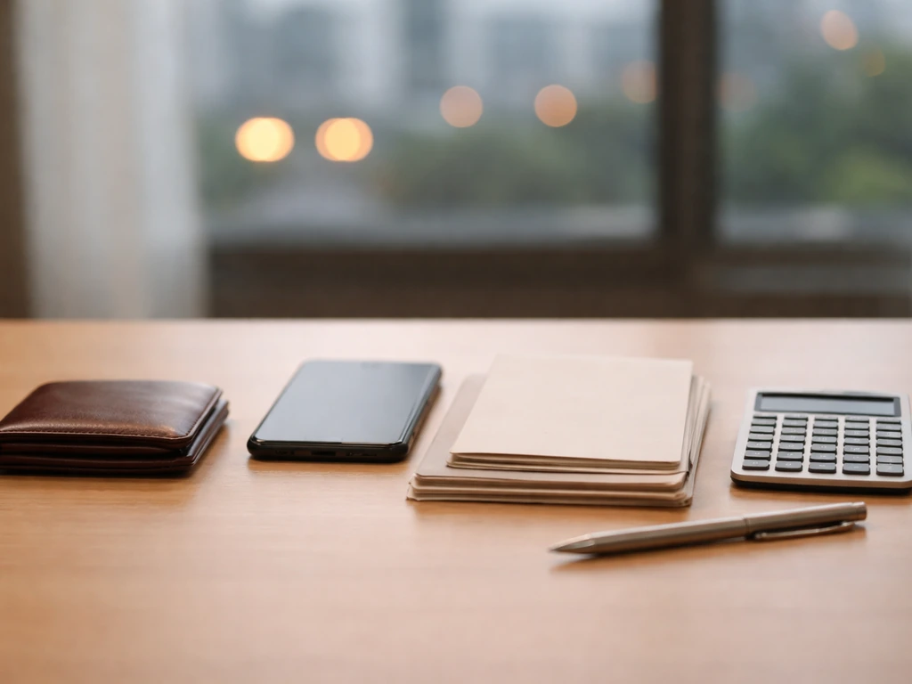 Desk with wallet, phone, documents, pen, and calculator suggesting net worth estimation inputs.