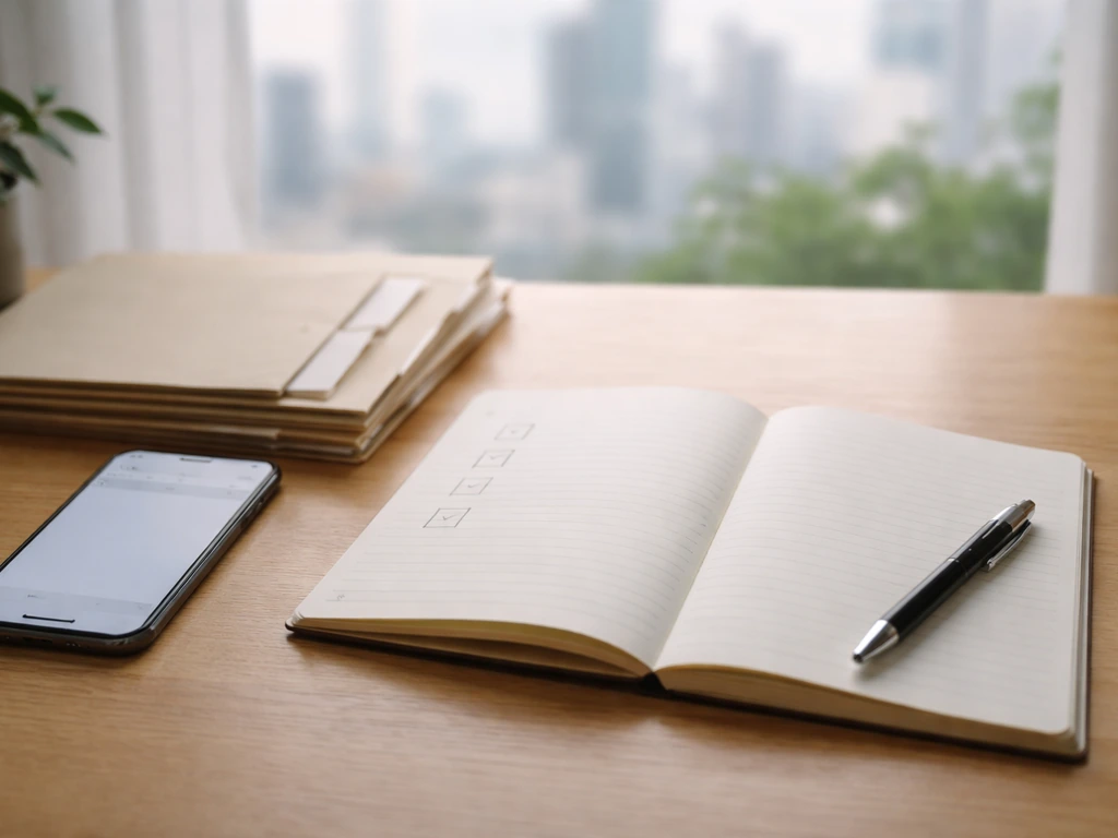 Minimal desk scene with a notebook and phone, symbolizing verifying financial information yourself.