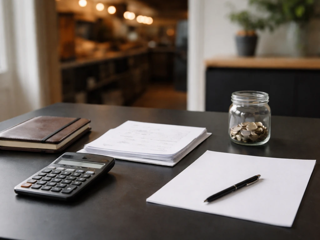Minimal desk scene with calculator and coins, symbolizing private business net-worth estimation.