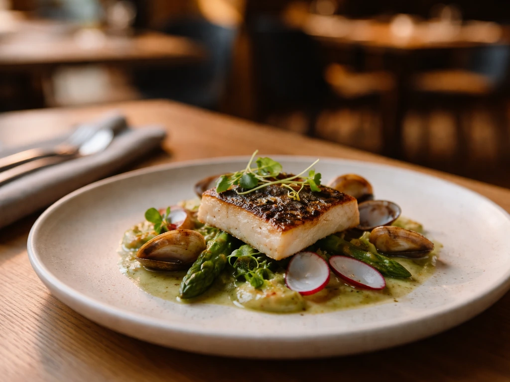 Cinematic close-up of plated seafood at a quiet restaurant table, softly lit and elegant.