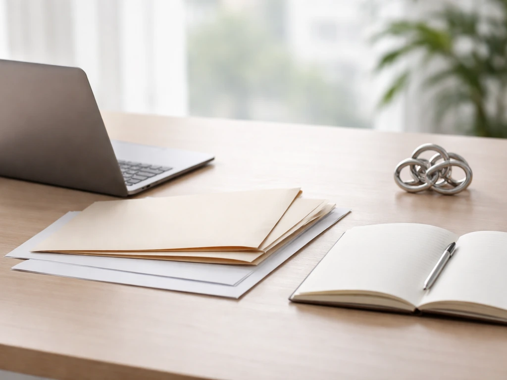 Minimal office scene with a laptop and scattered documents symbolizing ownership and assets.