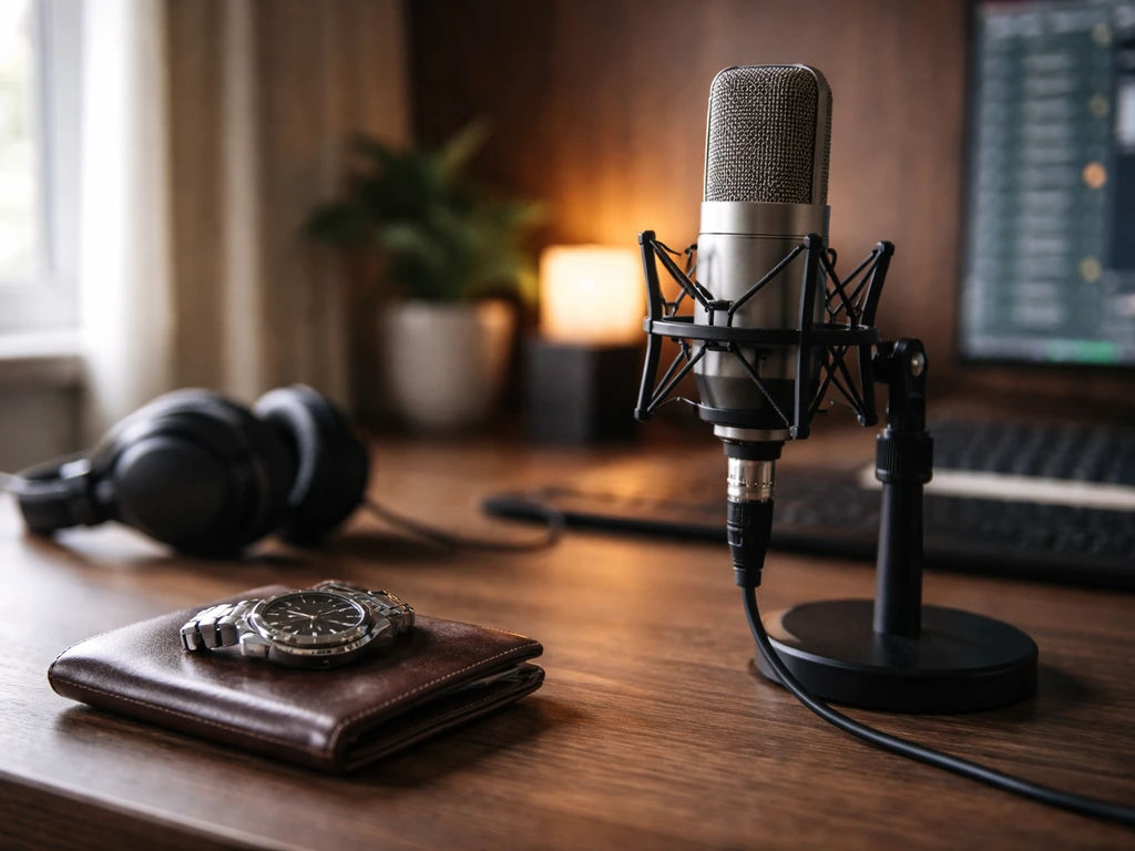 Minimal studio scene with a microphone and a luxury desk setup symbolizing a singer-actor’s earnings inquiry