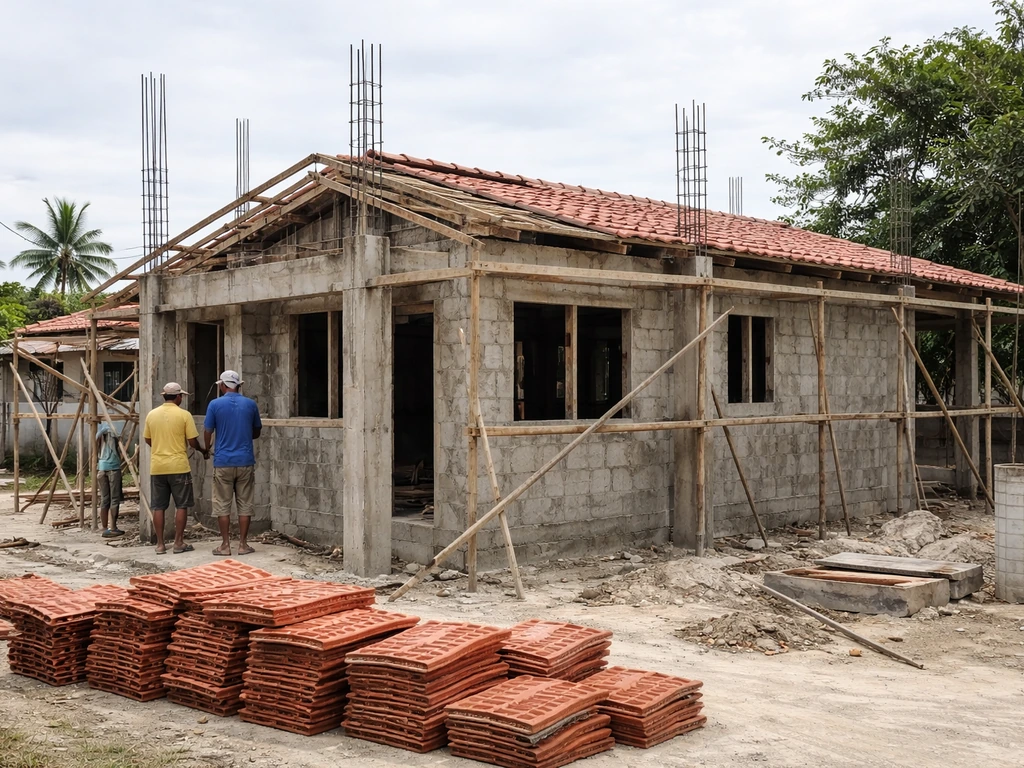 Philippines family home under construction with scaffolding and workers in the background