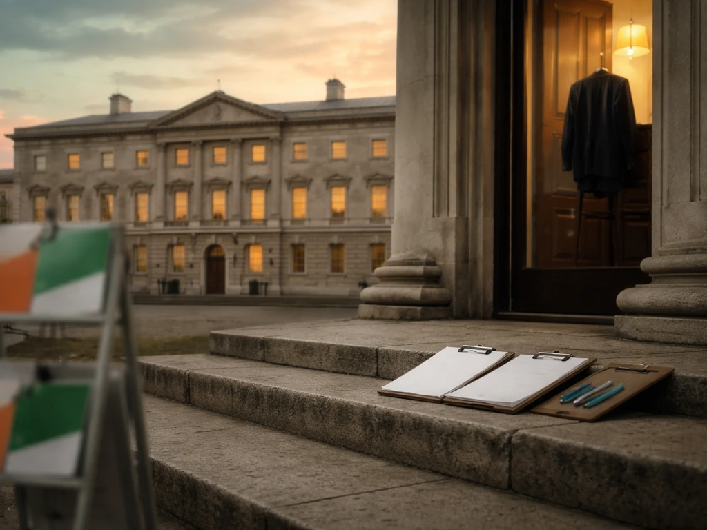 Empty Irish government building entrance with subtle campaign-like props and an overcoat in the doorway reflection.