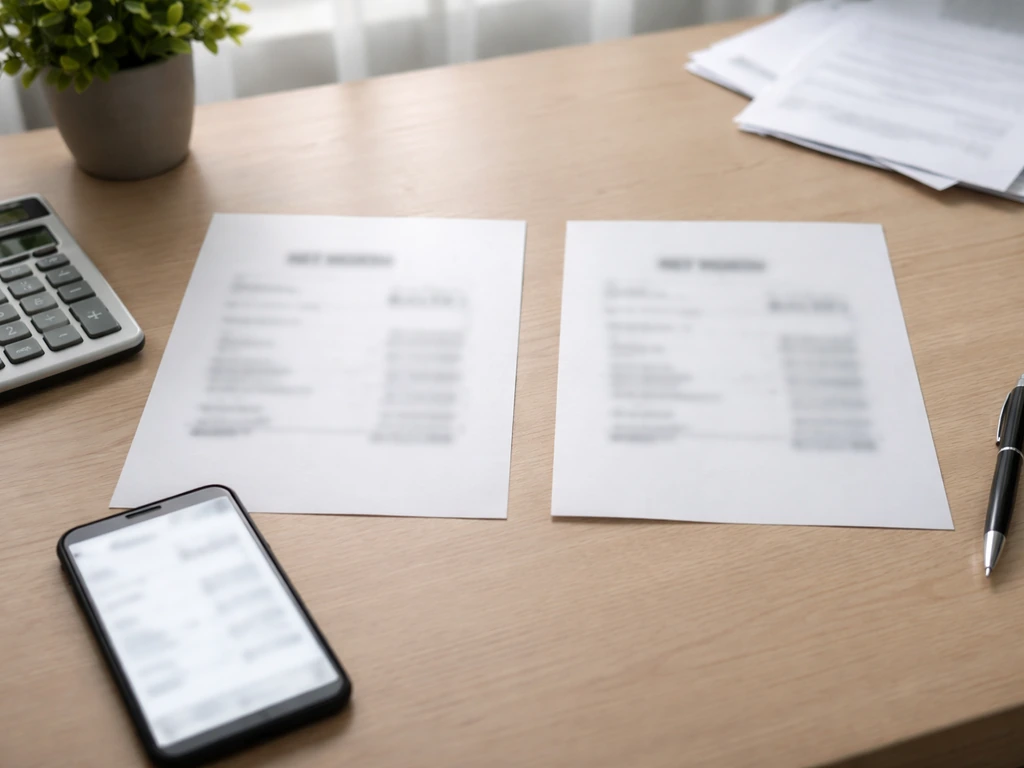 Minimal office desk with two blurred documents and a phone, symbolizing conflicting net worth figures.