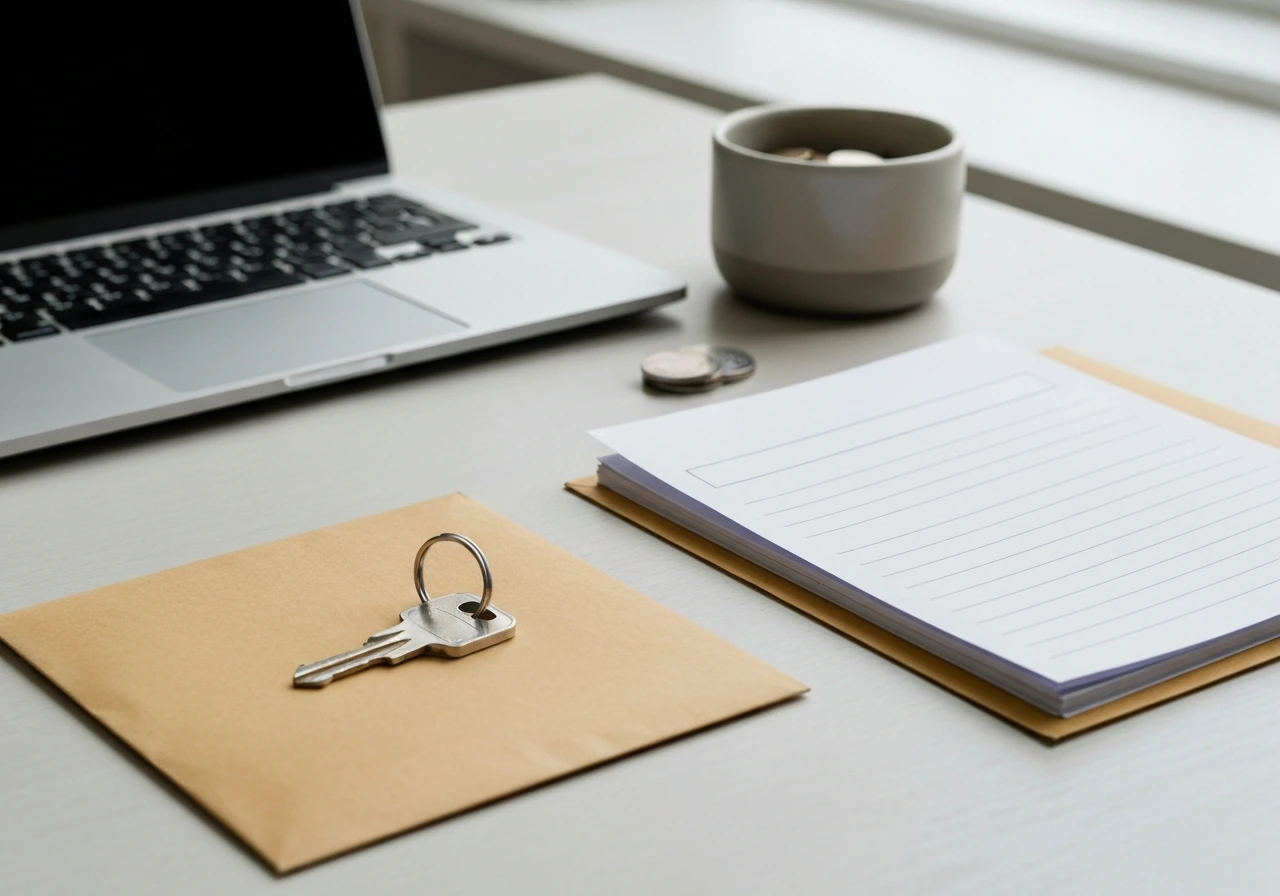 Minimal photo of a tidy desk with a house key, cash envelope, and paperwork folder beside a closed laptop