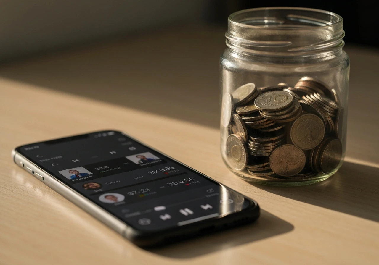 Close-up of a music streaming app on a phone beside a clear glass jar of coins, suggesting streaming royalties.