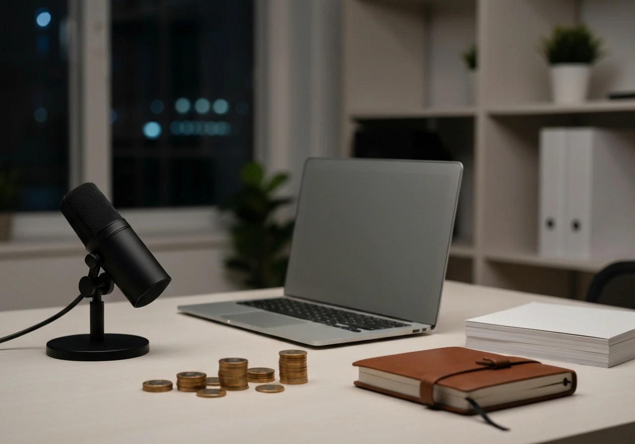 Minimal studio desk with microphone, coins, and journal symbolizing career growth and wealth milestones.