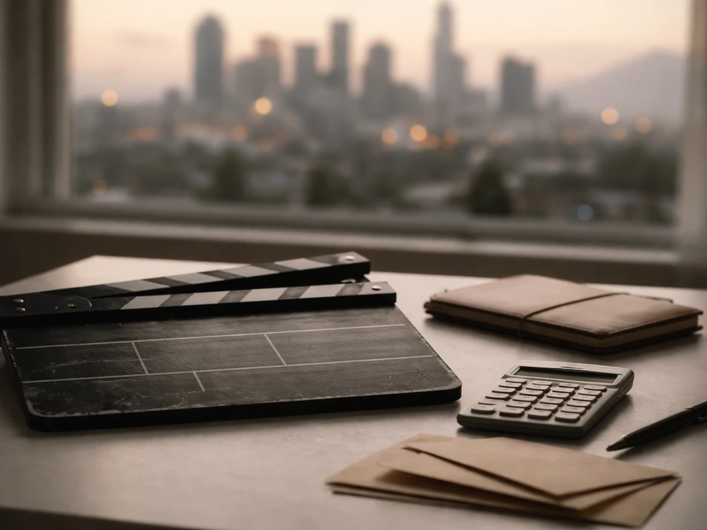 Film clapperboard and calculator on a desk with a softly blurred LA skyline at dusk.