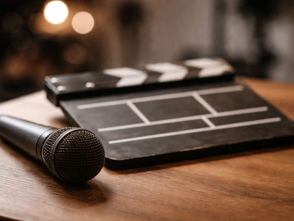 Close-up of a studio film slate and worn microphone in soft light, symbolizing acting credits