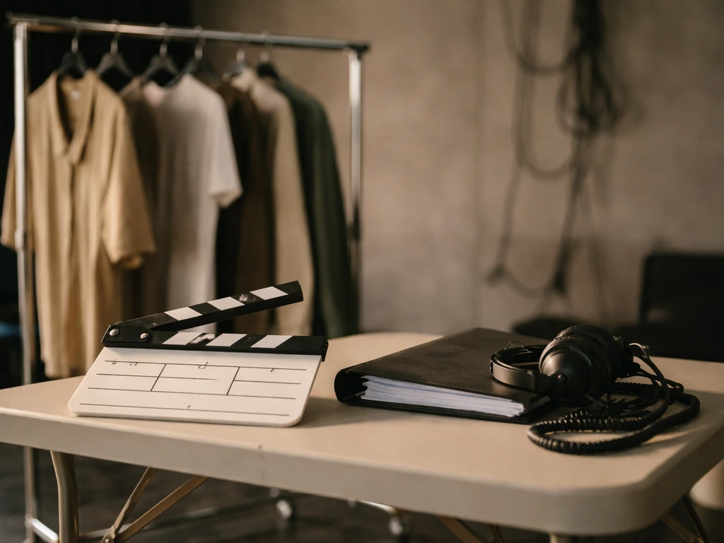 Film set scene with a clapperboard and wardrobe props, suggesting acting day rates and residuals context.
