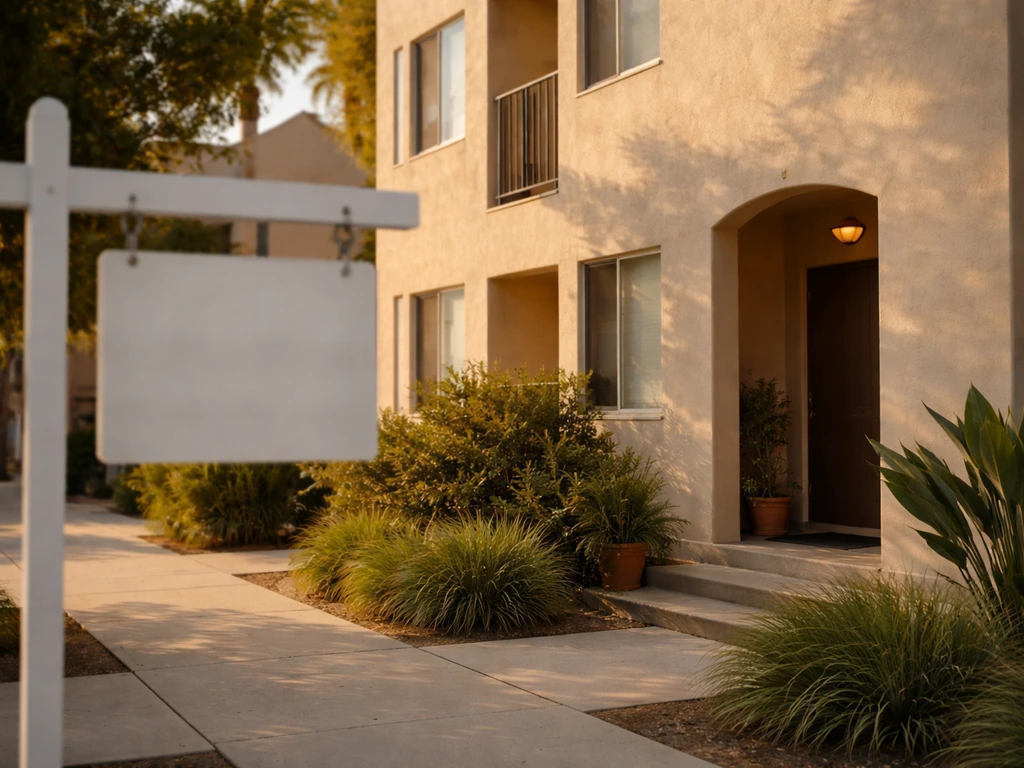 Small apartment exterior with softly blurred real-estate sign, suggesting property as an investment asset