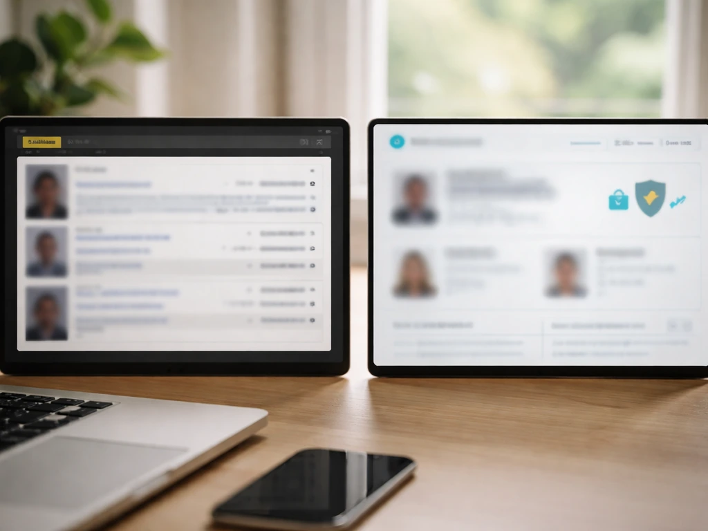 Minimal desk photo with two blurred screen mockups comparing a media credits page and a net-worth site.