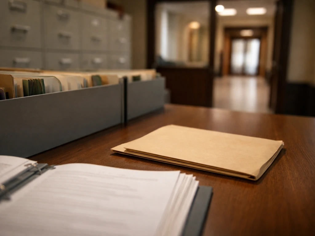 Courthouse records office desk with blank legal documents and filing cabinets, suggesting case verification.
