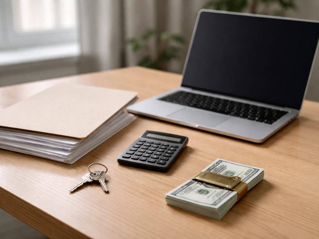 Minimal photo of an open laptop with a calculator and a simple stack of documents beside a house key