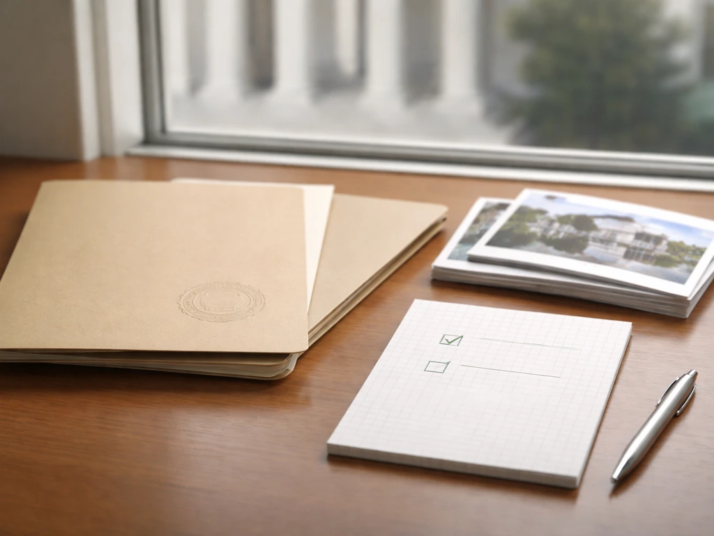 Minimal photo of a banker’s desk with files and a checklist-style folder, suggesting assets included vs not included.