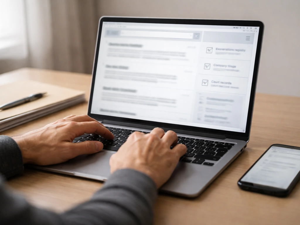 Hands typing on a laptop with a generic search page for verifying records, minimal desk scene.