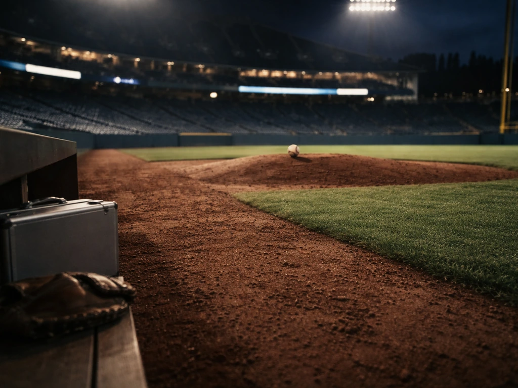 Empty MLB stadium view with infield dirt and pitcher’s mound, a baseball nearby, dusk lighting.