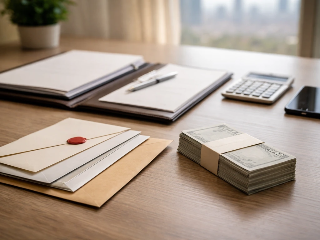 Minimal desk scene with contract papers, calculator, envelopes, and generic cash implying a salary breakdown