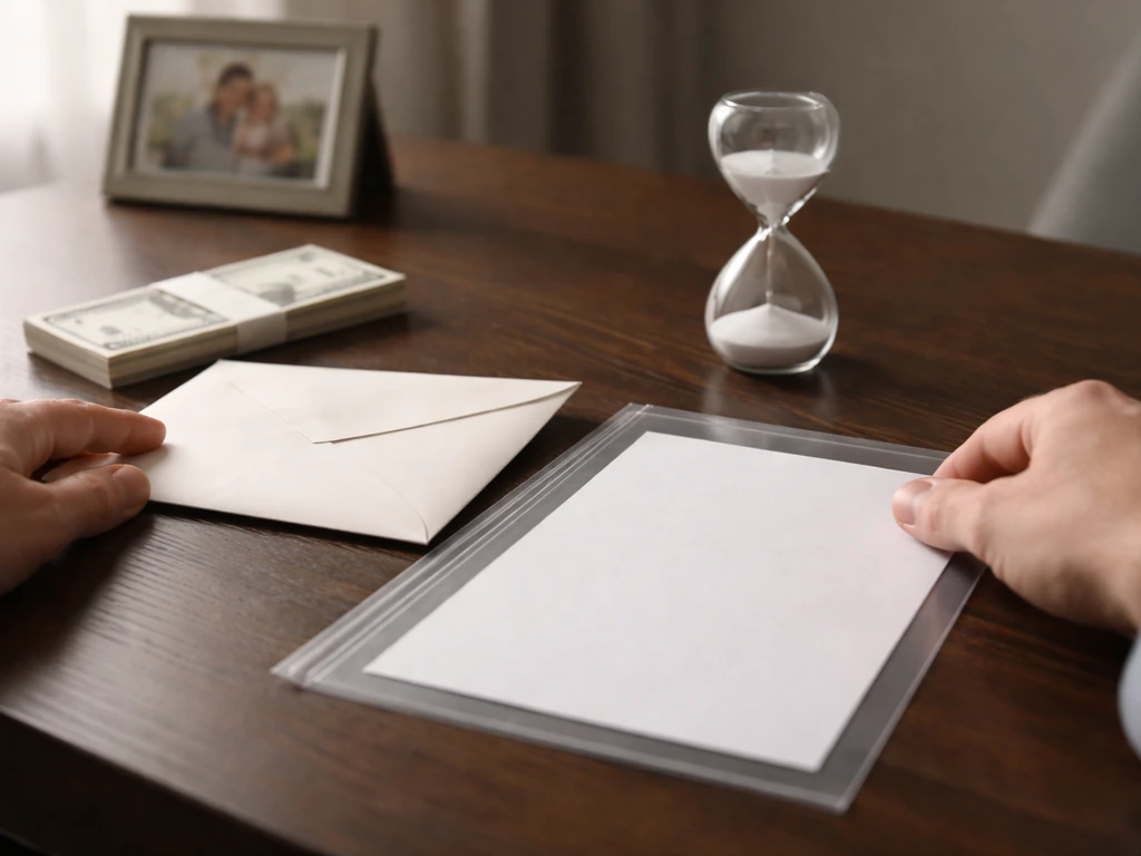 Anonymous hands place a sealed envelope and blank contract by an hourglass on a simple desk.