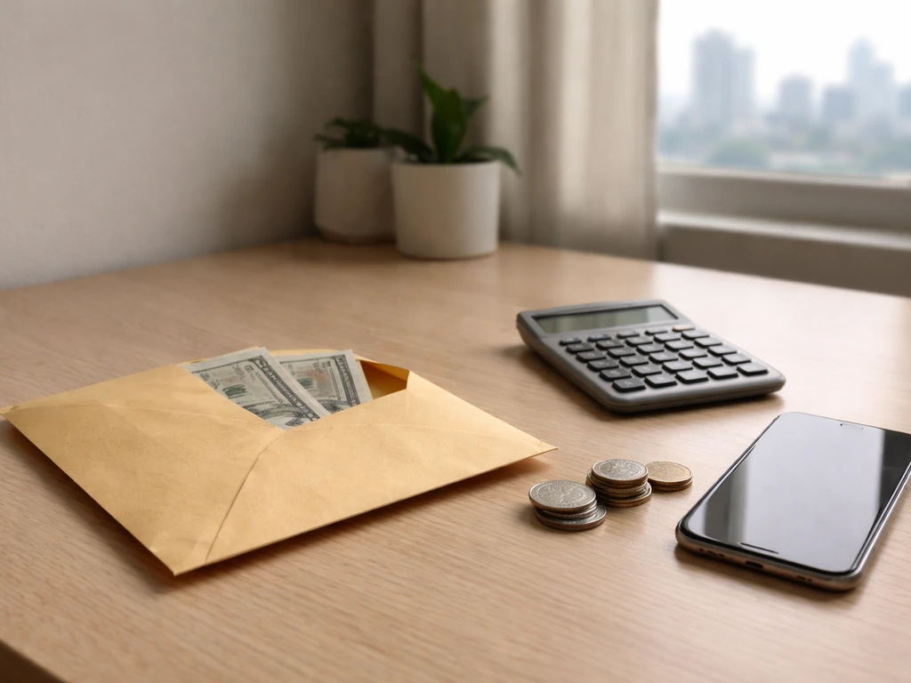 An empty desk with a calculator and open envelope, showing a subtle money gap theme with taxes and take-home