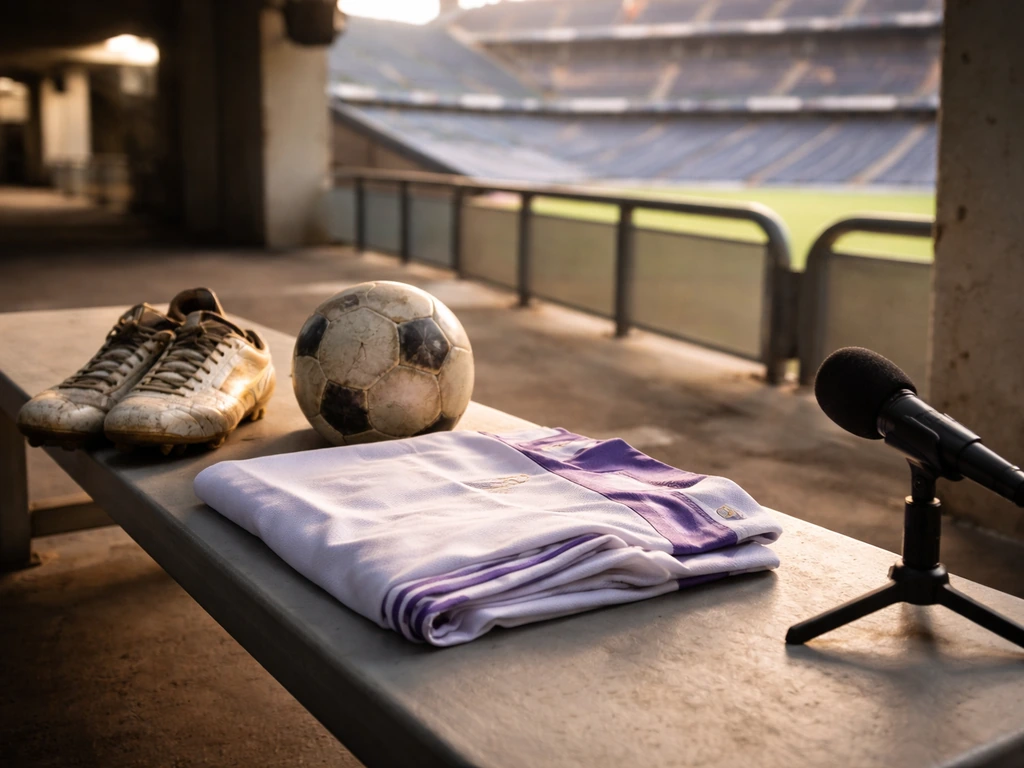 Minimal stadium scene with anonymous Real Madrid jersey and boots beside a microphone in natural light.