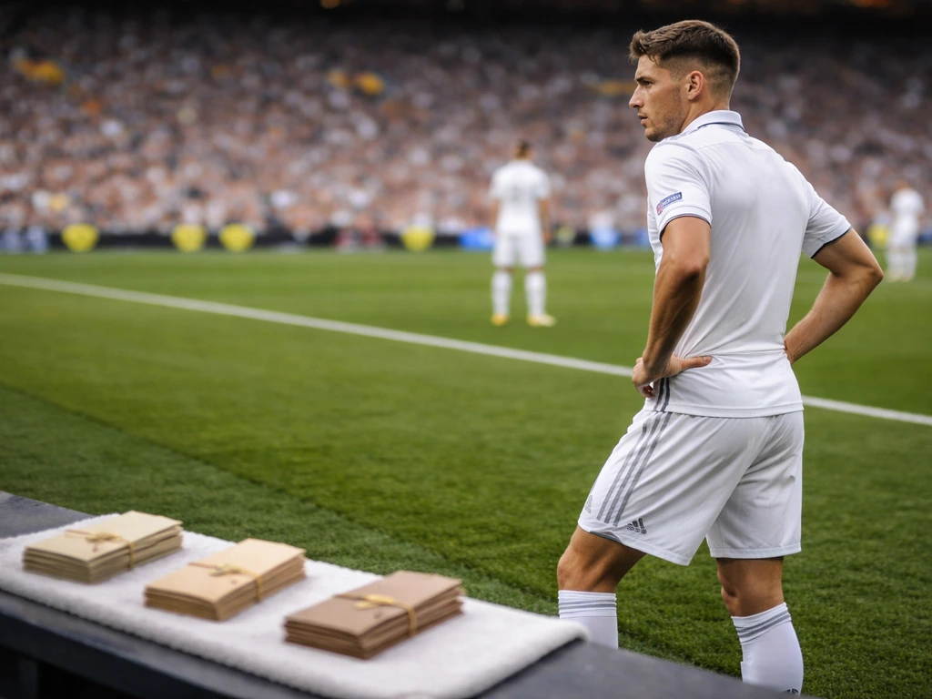 Footballer in a Real Madrid match setting with a blurred stadium and subtle category envelopes on the bench.