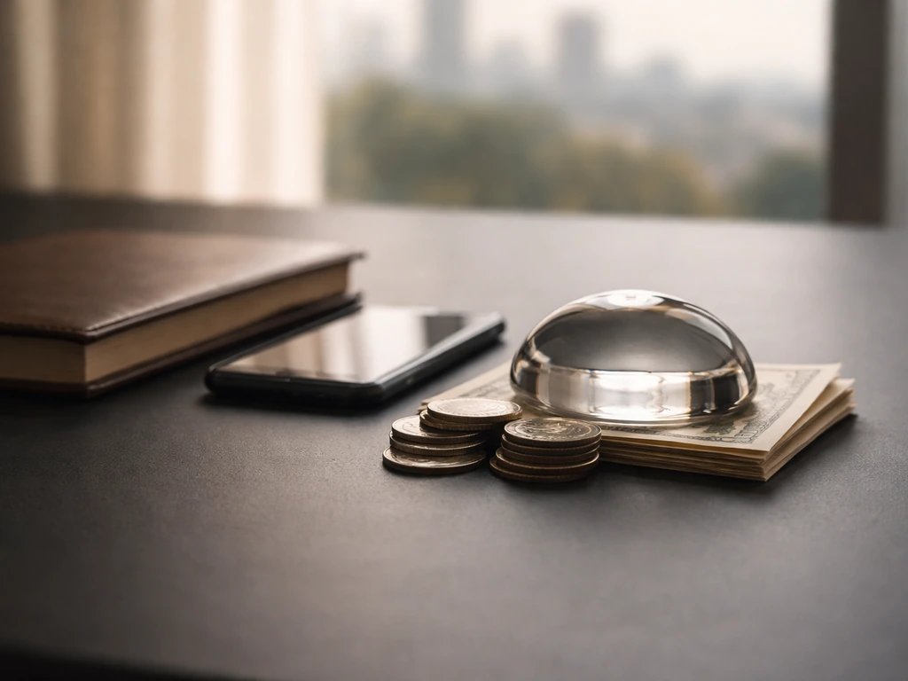 Minimal photo of a luxury desk with a smartphone and cash-like objects suggesting rising wealth over time.
