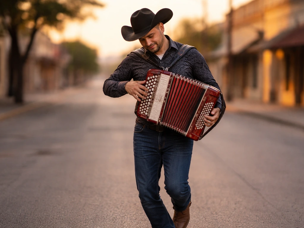 Tejano conjunto musician performing with accordion on a quiet San Antonio street at golden hour