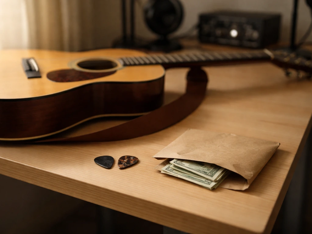 Conjunto musician’s guitar and cash envelope on a studio desk, symbolizing performance income and assets.