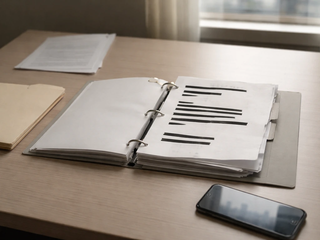 Minimal office desk with an open binder of blank pages and redacted documents, symbolizing low-confidence evidence.