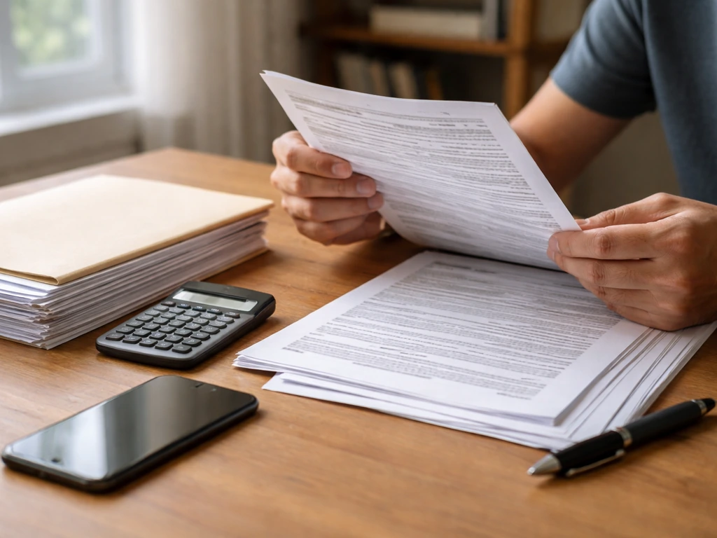 Person reviewing public records documents and a calculator on a tidy desk