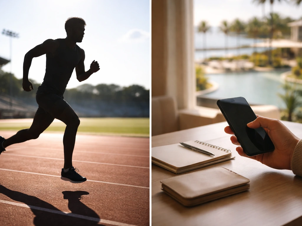 Anonymous athlete outdoors paired with a booking-tech desk scene suggesting acquisition context.