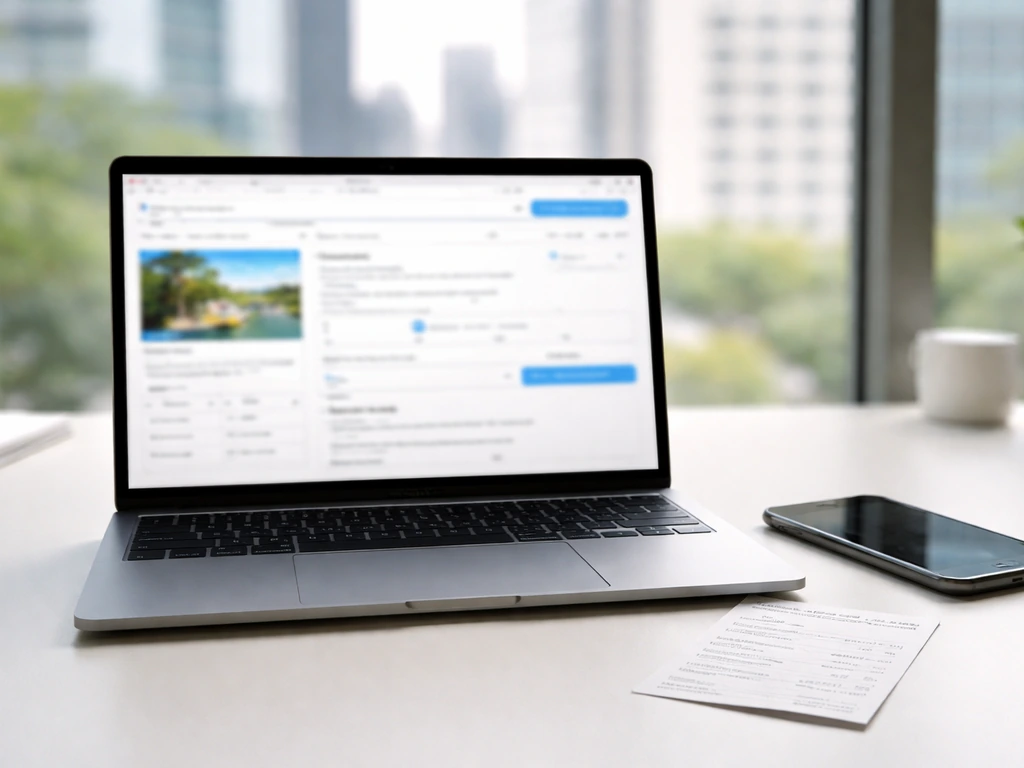 Laptop and phone on a desk with a blurred booking-style webpage, suggesting a business acquisition context.