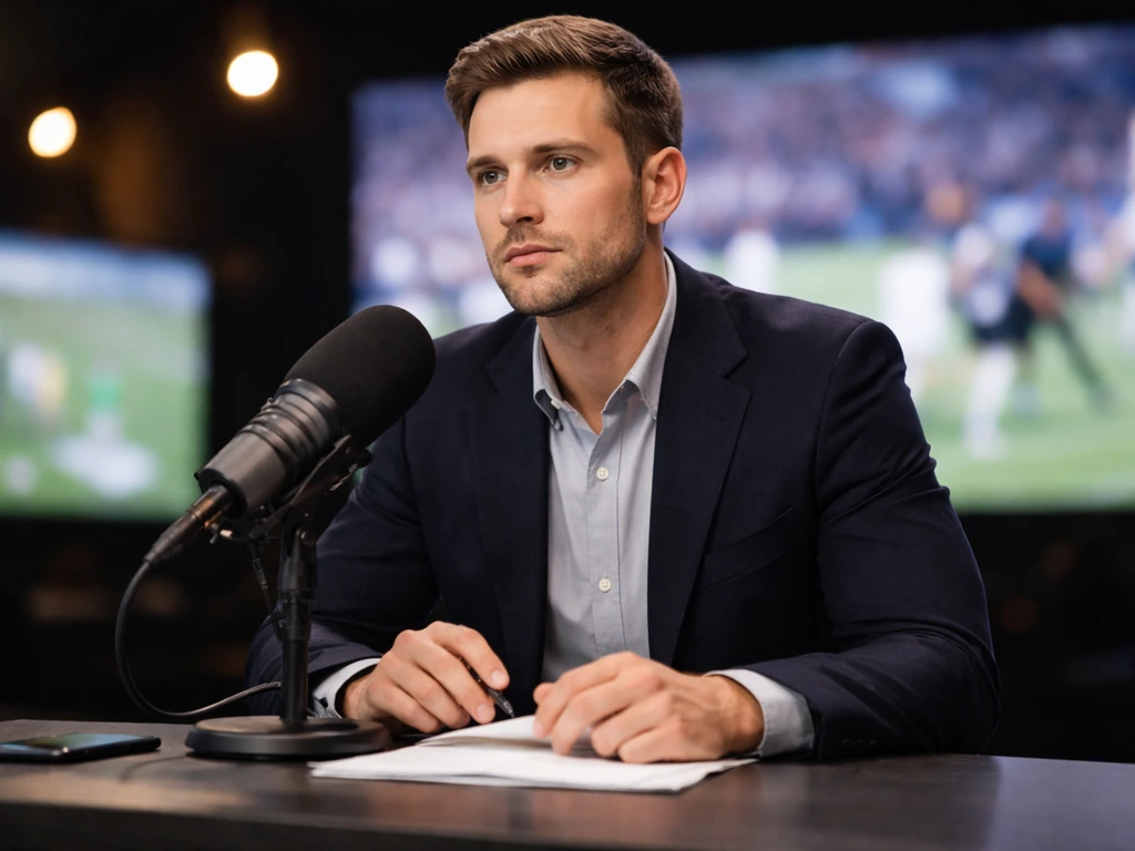 Anonymous sports analyst at a studio desk with a microphone and blurred sports broadcast background.