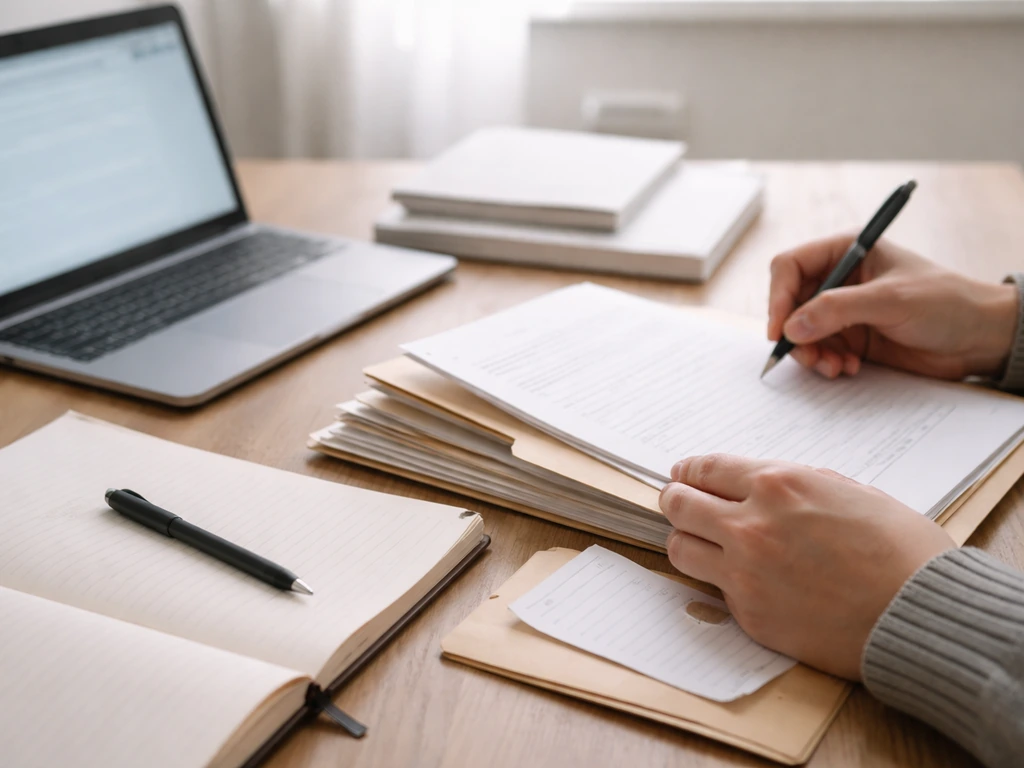 Hands researching public records on a desk with documents, notebook, and a laptop glow for cross-checking.