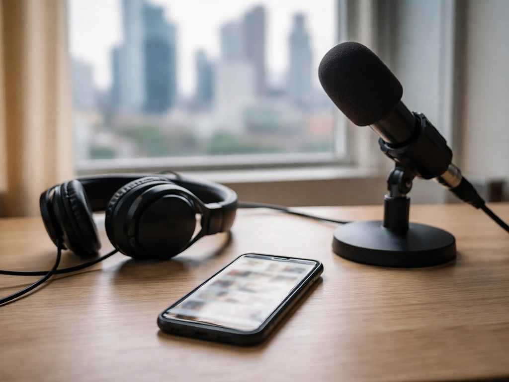 Anonymous creator studio desk with a blurred smartphone feed and microphone, symbolizing social media identity verificat